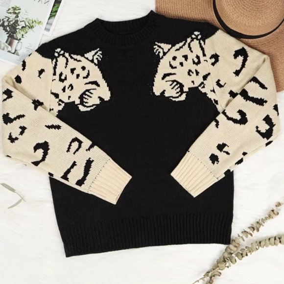SOLD OUT New Black Boho Leopard Animal Print Knit Crew Neck Pullover Sweater - Picture 2 of 2